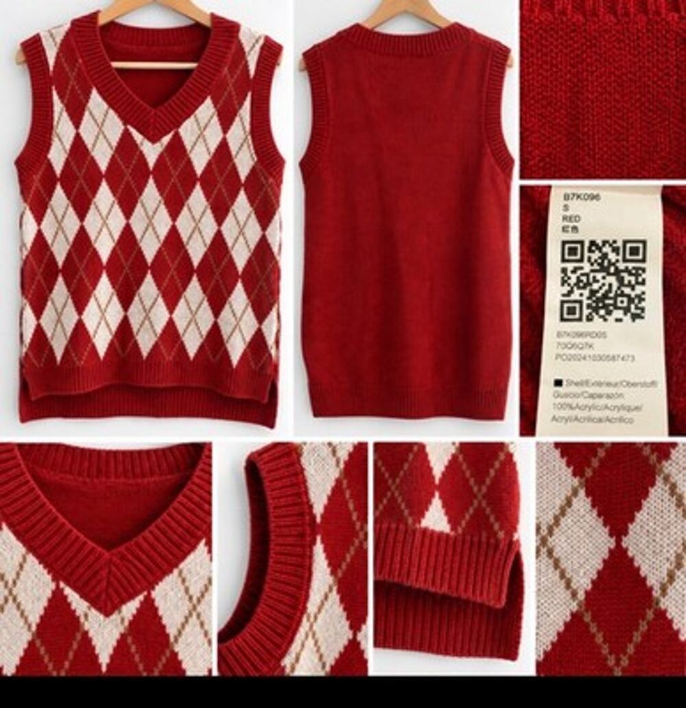 Women’s Argyle Sweater Vest V Neck Knit Red Small